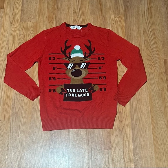 H&M Youth Boys Reindeer Christmas sweater “TO LATE TO BE GOOD “ - Picture 1 of 12